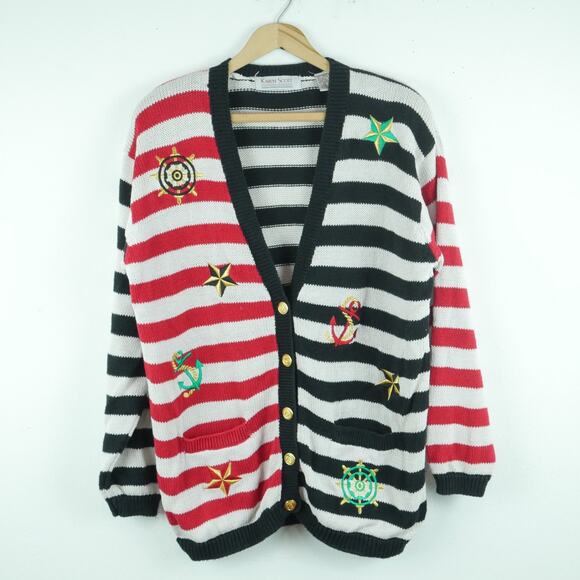 Vintage Large Cardigan 90s Nautical Stripe Embroidered Seaside Fisherman Preppy - Picture 1 of 12